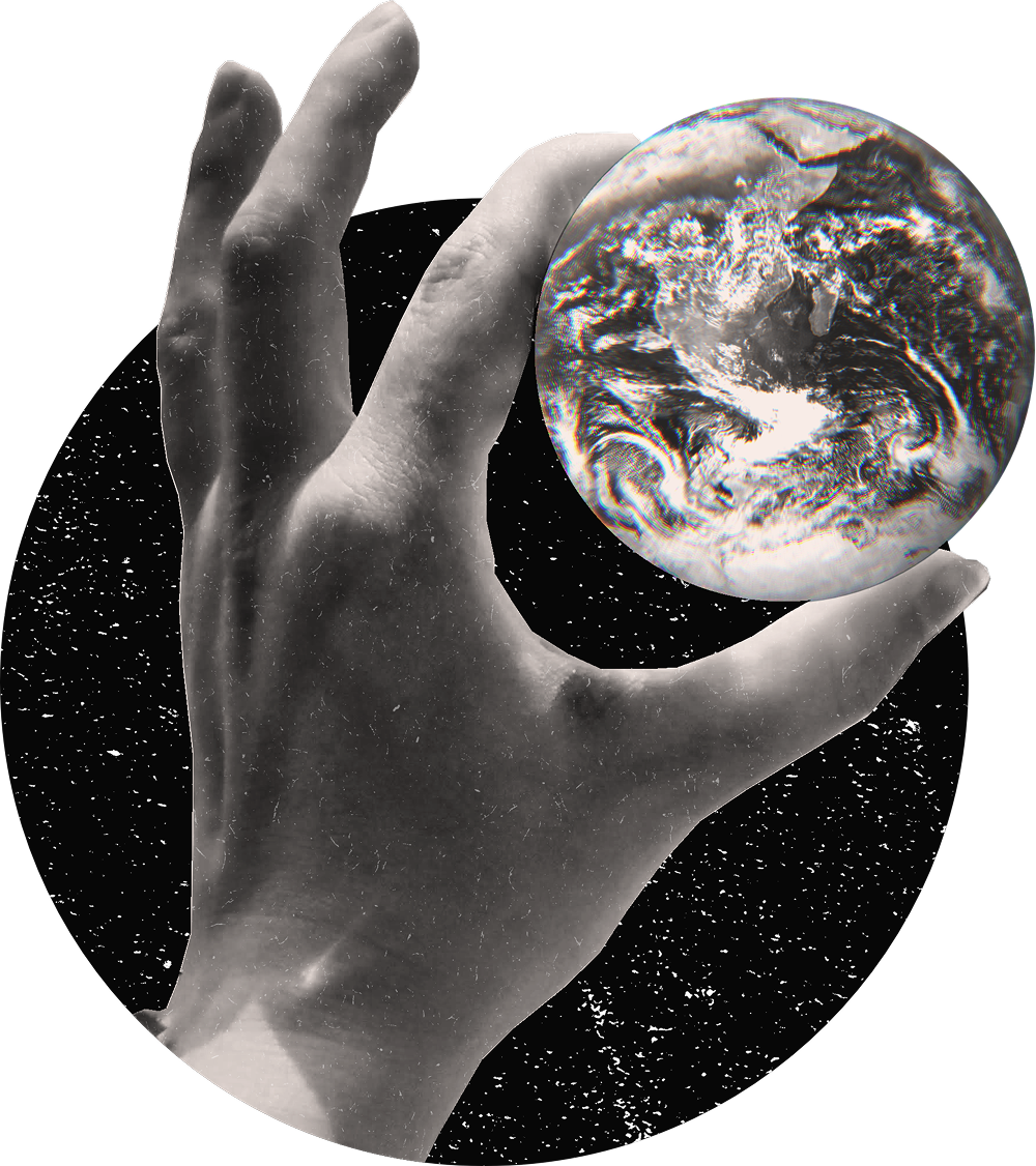 A collage of a hand holding a small version of earth on a backdrop of space.