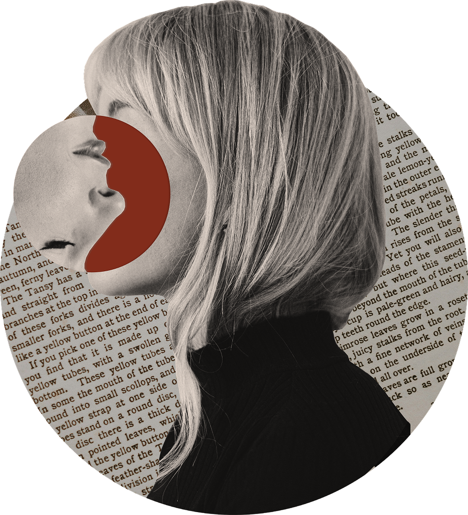 A collage of a woman with a portion of her face rotated to face inwards on background of typed text.