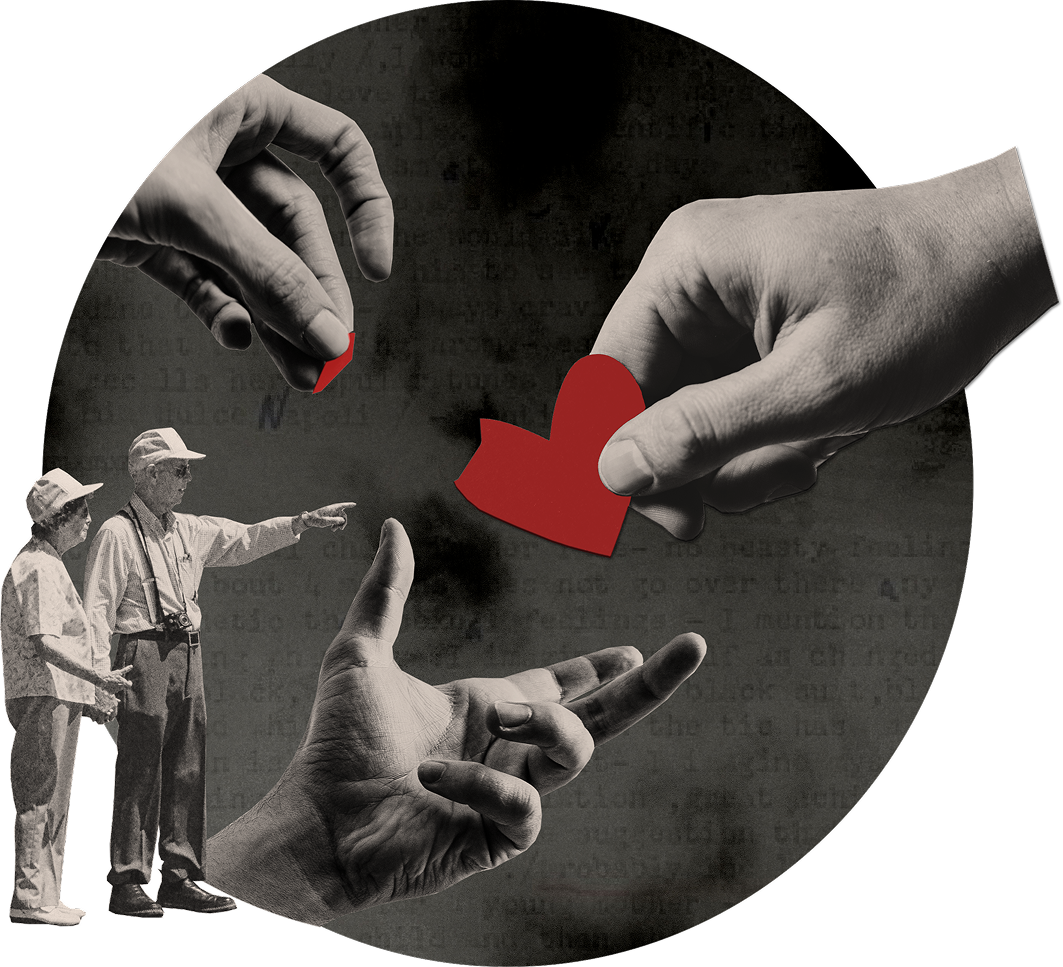 A collage of a hand holding a heart with a section torn away by another hand. Below, a third hand reaches to receive a piece of the heart. An elderly couple looks on, pointing at the scene.