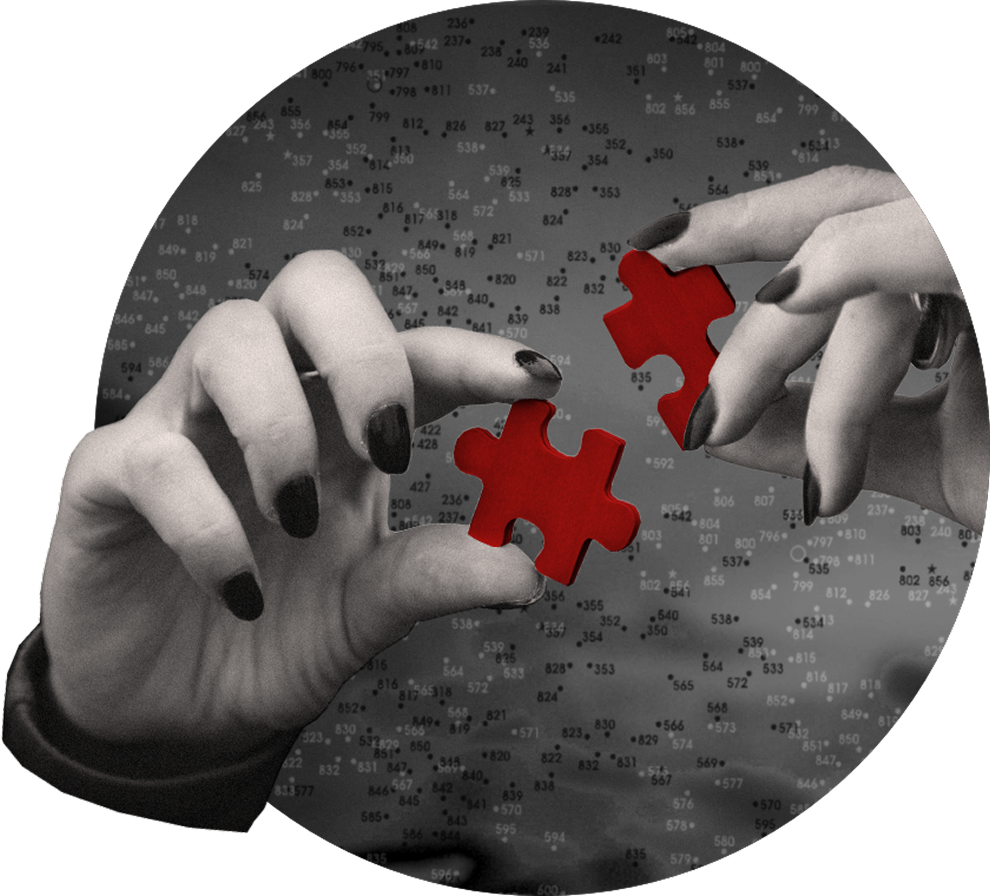 two hands bringing together jigsaw pieces on a background of connect the dots